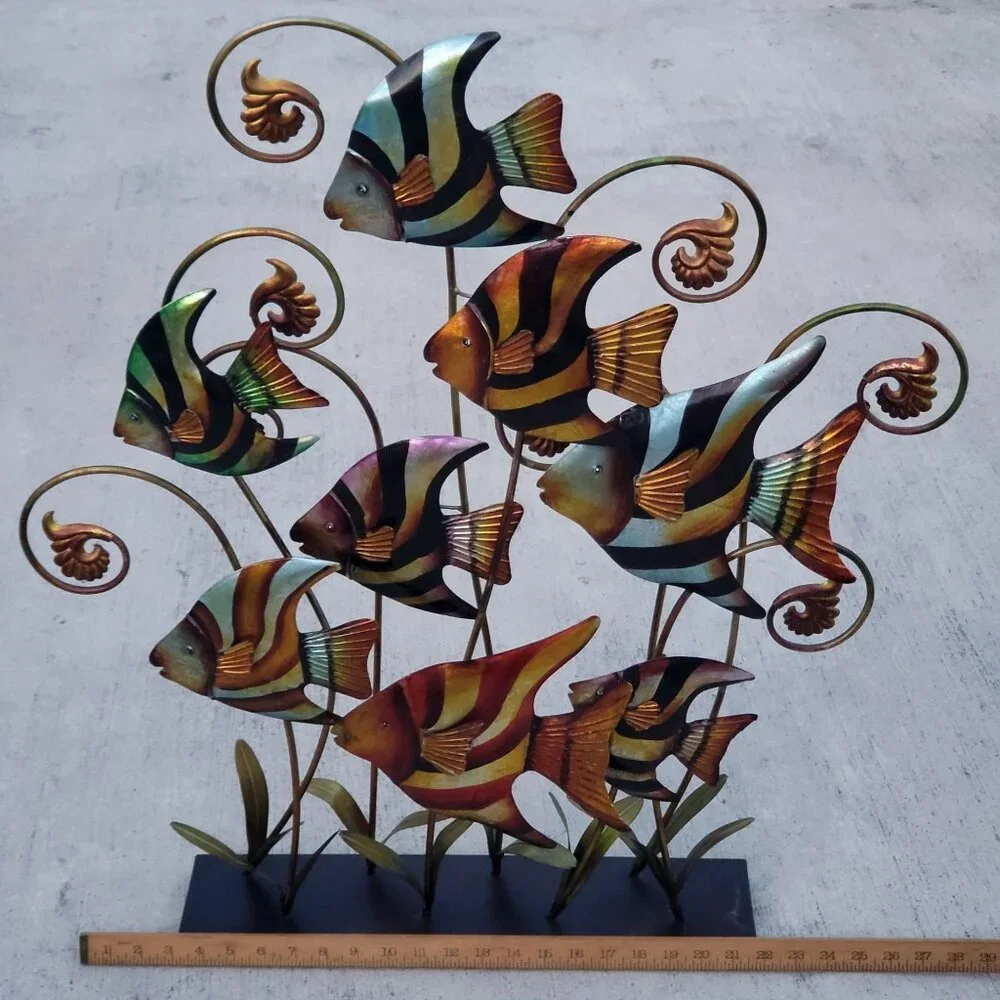 Metal Angel Fish Sculpture Standing Decor Banded Angelfish